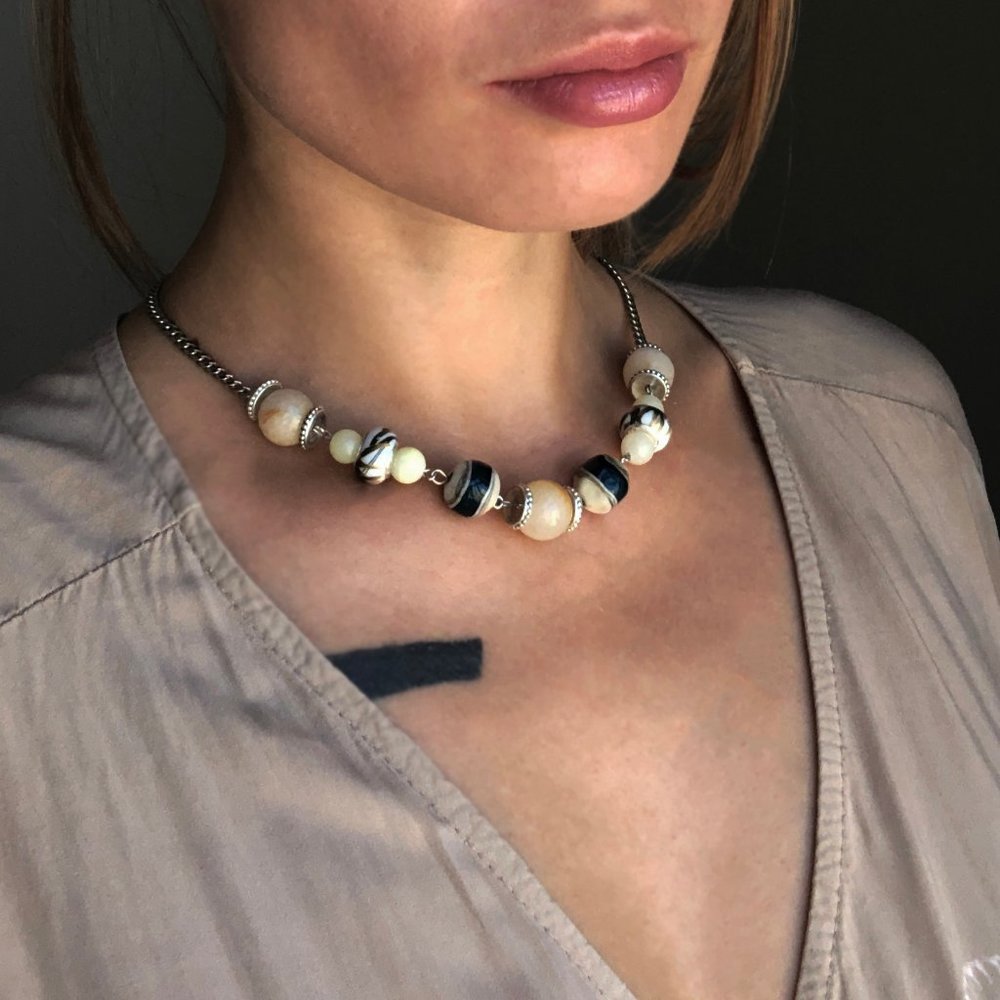 Yellow gray chunky bead necklace short, unique one of a kind handmade jewelry